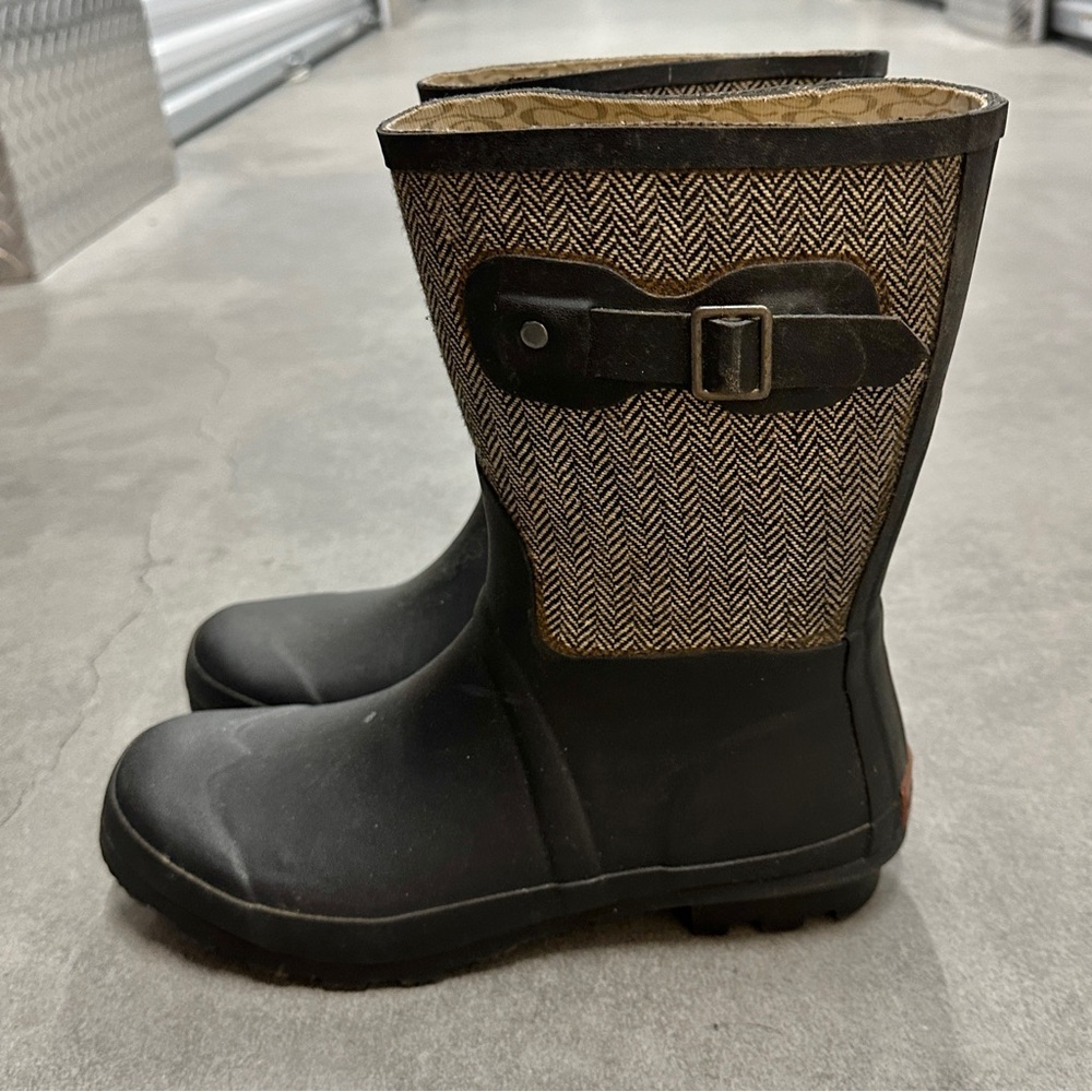 Chooka Classic Mid Cafe Racer Rain Boots Black Herringbone Women's Size 10